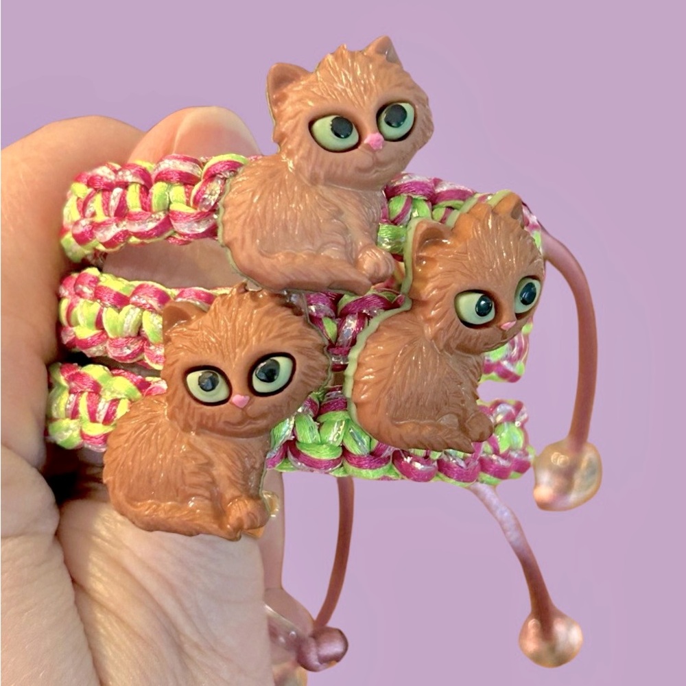 Kitty cat friendship bracelet; pink and green; adjustable; adults, set of 2